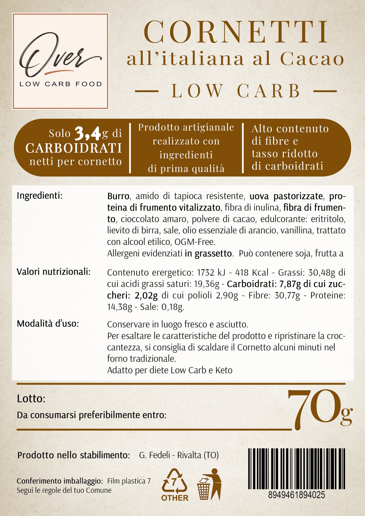 Cornetto Low Carb al Cacao - 70g