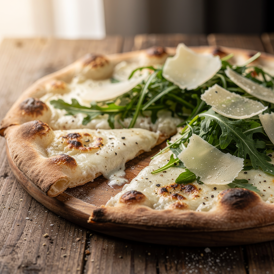 Pizza low carb bianca con rucola e scaglie di Parmigiano